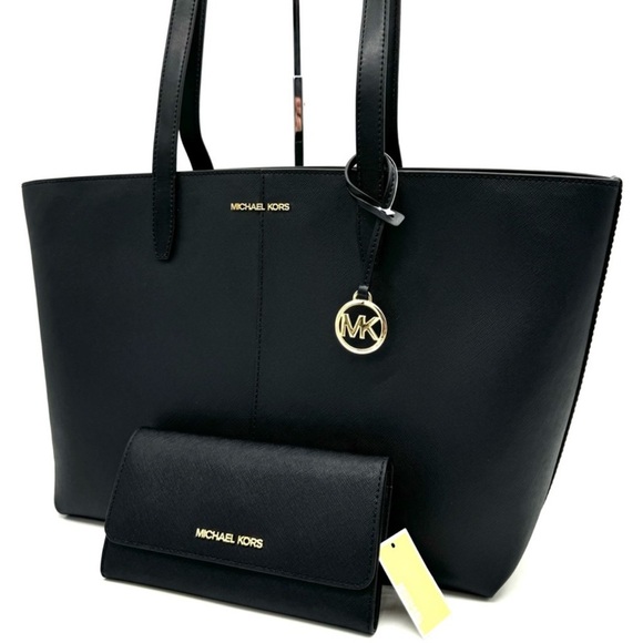 Michael Kors Medium Jet Set Travel Zip Tote Bag & Trifold Wallet Black/Gold - Picture 1 of 13